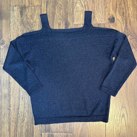 Massimo Dutti Blue Black Italian Yarn Cold Shoulder Sweater Spain Women's Large - Picture 1 of 5